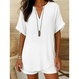 Women's Blouse Solid Color Elegant Daily Stylish Short Sleeve V Neck Notched Neck Regular Tops Daily Going out Patchwork Denim Blue White Pink Blue Green Summe