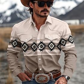 Men's Aztec Ethnic Shirt Western Shirt Cowboy Shirt Long Sleeve Vintage Western Style Tribal Outdoor Daily WorkWear Fall  Winter Turndown 3D Print Front Two Po