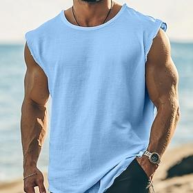 100% Cotton Men's Sleeveless T Shirt Round Neck Summer Plain Textured Fashion Classic Casual Plain Street Casual Sports White Blue Navy Blue Top Tee for Men