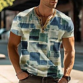 Men's Geometric Abstract T Shirt Henley Shirt Short Sleeve Designer Modern Henley Street Casual Daily Summer Spring Blue Henley Henley T-Shirt