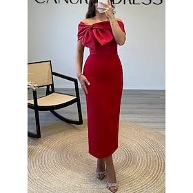 Red Sheath / Column Cocktail Dresses Elegant Formal Wedding Guest Ankle Length Sleeveless Off Shoulder Satin with Bow(s) 2025