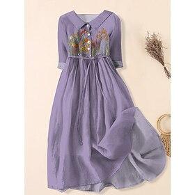 Women's Midi Dress A Line Dress Fit And Flare Dress Casual Daily Date Regular Fit Floral Graphic Half Sleeve Shirt Collar Blue Purple khaki Summer Spring