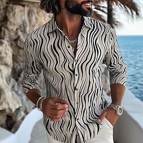Men's Geometric Striped Lines / Waves Shirt Button Up Shirt Casual Dress Shirt Long Sleeve Fashion Casual Formal Vacation Dailywear Summer Spring Turndown 3D P