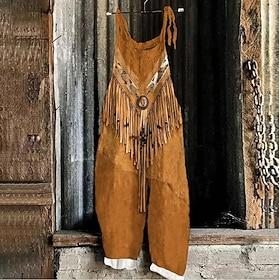 Women's Jumpsuit Vacation Vintage Ethnic Style Full Length High Waist Floral Color Block Drawstring Inelastic Formal Vacation Street Buff Red Dark Gray Khaki S