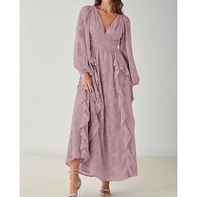 A-Line Mother of the Bride Dress Elegant Simple Minimalist V Neck Wedding Guest Dress Floor Length Floral Chiffon Lace Long Sleeve with Ruched Cascading Ruffle