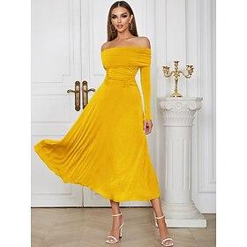 A-Line Cocktail Stretch Jersey Dresse Sparkle Elegant Dress Formal Semi Formal Wedding Tea Length Midi Length Long Sleeve Off Shoulder with Ruched Details 2025