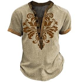 Men's Retro Ethnic T Shirt Henley Shirt Tee Short Sleeve Designer Basic Ethnic Outdoor Casual Daily Summer Khaki Henley Henley T-Shirt