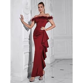 Mermaid / Trumpet Stretch Satin Evening Gown Elegant Dress Formal Wedding Floor Length Sleeveless Off Shoulder with Feather Ruffles 2025