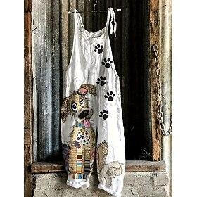 Women's Jumpsuit Vacation Vintage Ethnic Style Full Length High Waist Animal Color Block Drawstring Inelastic Formal Vacation Street White Yellow Blue off-whit