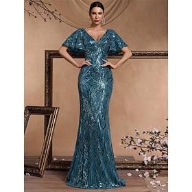 Mermaid / Trumpet Quinceanera Dresses Elegant Dress Formal Wedding Floor Length Short Sleeve V Neck Polyester V Back with Sequin 2025