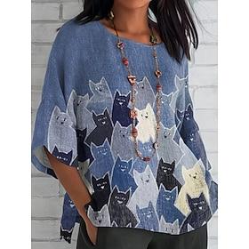 Women's Blouse Graphic Animal Cat Bohemia Daily Ethnic 3/4 Length Sleeve Crew Neck Regular Tops Daily Holiday Vacation Wear Print Denim Blue Blue Summer Spring