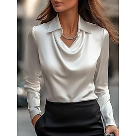 Women's Elegant Dressy Satin Top Blouse Ruched Draped Solid Color Elegant Long Sleeve Cowl Neck Regular Tops Daily Blue White Pink Wine Purple Fall