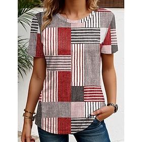 Women's T Shirt Graphic Geometric Vintage Stylish Classic Short Sleeve Crew Neck Regular Tops Daily Weekend Print Red Blue Purple Gray Summer Spring