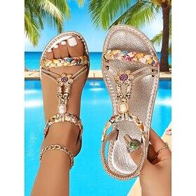 Women's Gold Metallic Flat Sandals with Floral Braided Strap and Gemstone Detailing – Casual Summer Footwear for Beach, Poolside, and Vacation Wear