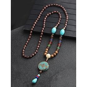 Men's Tribal Beaded Pendant Necklace – Handmade Ethnic Wooden Beads with Turquoise Accents, Bohemian Style for Casual Wear, Yoga, Meditation or Festival Outfit