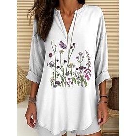 Women's Blouse Floral Graphic Vintage Tropical Hawaiian Long Sleeve V Neck Regular Tops Daily Holiday Beach Wear Print White Pink Blue Purple Summer Spring