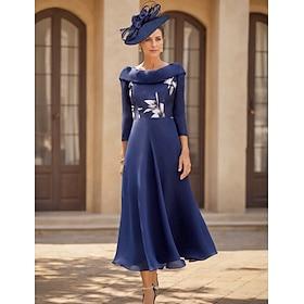 A-Line Ankle Length Party Dress Cocktail Dress Wedding Guest Dress Mother of the Bride Dress 3/4 Length Sleeve Bateau Neck Elegant Vintage Wedding Guest Chiffo