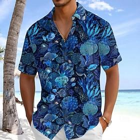 Men's Sea Creatures Coral Summer Hawaiian Shirt Button Up Shirt Aloha Shirt Short Sleeve Shirt Turndown Hawaiian Vacation Holiday Beach Wear Green Dark Blue S