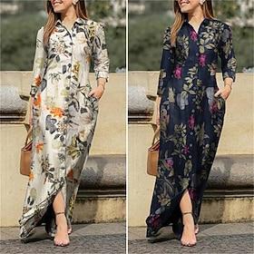 Women's Long Dress Maxi Dress Casual Dress Summer Dress Elegant Fashion Modern Daily Beach Weekend Regular Fit Flower 3/4 Length Sleeve Shirt Collar Yellow Pur