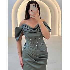Sheath / Column Evening Gown Elegant Dress Carnival Formal Floor Length Short Sleeve Sweetheart Satin with Glitter Beading 2025