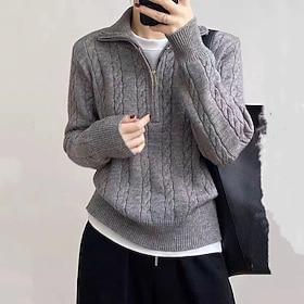 Women's Sweater Pullover Casual Solid Color Ribbed Shirt Collar Zipper Knitted Long Sleeve Regular Tops Knit Outdoor Daily Holiday Pink Beige Fall