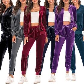 Women's Tracksuit Sweatpants Hooded Jacket Zipper Pocket Solid Colored Clothing Suit Fall Black Burgundy Velour Gym Workout Sports Windproof Long Sleeve Sport