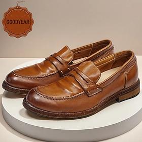 Men's Brown Leather Loafers with Moccasin Stitching and Goodyear Welt - Comfortable and Elegant Casual Shoes for Everyday Wear