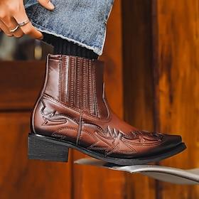 Men's Western-Style Brown Leather Cowboy Ankle Boots with Embroidered Flame Design – Fashion Boots for Country Events, Rodeos and Casual Outfits