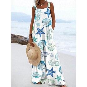 Women's Jumpsuit Active Graphic Sleeveless Wide Leg Vacation Street Loose Fit White Blue Green Summer