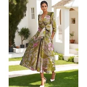 Green Jacquard Gown A-Line Cocktail Dresses Elegant Dress Formal Wedding Guest Floor Length Long Sleeve V Neck Pocket Nylon with Bow(s) Slit Pocket 2025