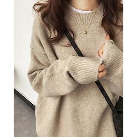 Women's Sweater Pullover Fashion Solid Color Ribbed Crew Neck Knitted Long Sleeve Regular Tops Knit Outdoor Daily Holiday Camel Purple Fall