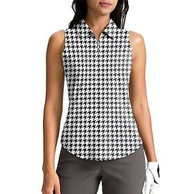 Women's Houndstooth Sport Shirt Golf Polo Shirt Tennis Shirt Sleeveless Zipper High Elasticity Moisture Wicking Breathable Tennis Golf Pickleball Turndown Zip
