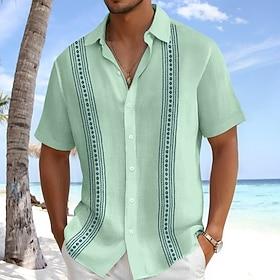 Men's Shirt Linen Shirt Guayabera Shirt Summer Shirt Beach Wear Plain Casual Daily Blue White Green Gray Short Sleeve Lapel Summer Spring  Summer Clothing Appa