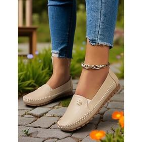 Women's Slip-On Moccasins with Decorative Flower – Soft Comfortable Loafers for Everyday, Casual Outings and Relaxing Walks