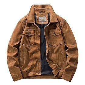 Men's Lightweight Jacket Faux Suede Jacket Vacation Daily Pocket Spring Fall Plain Fashion Classic Lapel Regular Black Khaki Coffee Gray Jacket