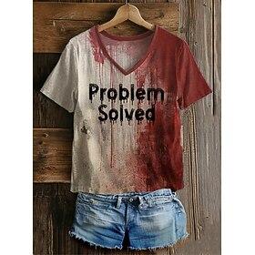 Bloody Problem Solved Women's T Shirt Bloodstain Graphic Letter Vintage Stylish Classic Short Sleeve V Neck Regular Tops Daily Print Gray/Red White Wine Red Re