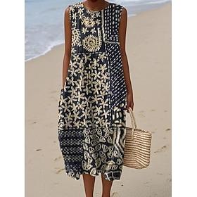 Women's Midi Dress Linen Like Sundress Shift Dress A Line Dress Vacation Casual Boho Beach Going out Loose Fit Floral Graphic Sleeveless Crewneck Pink Purple G
