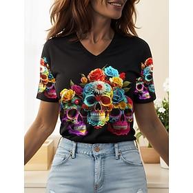 Women's T Shirt Skulls Floral Graphic Vintage Stylish Classic Short Sleeve V Neck Regular Tops Daily Print Black Orange Gray Summer Spring
