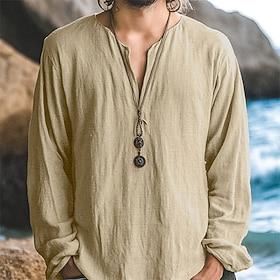 Men's Shirt Linen Shirt Summer Shirt Beach Shirt Solid Color Vacation Casual Black White Green Khaki Long Sleeve V Neck All Seasons Clothing Apparel Basic