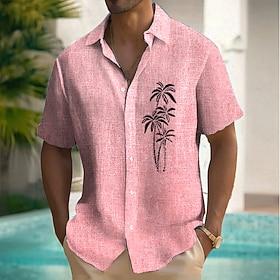 Men's Coconut Tree Tropical Plants Linen Shirt Summer Hawaiian Shirt Button Up Shirt Short Sleeve Hawaiian Resort Vacation Holiday Beach Wear Summer Spring Tur