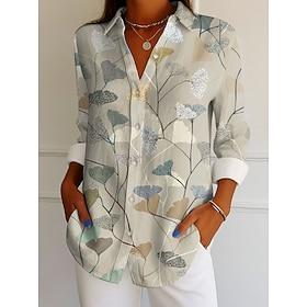 Women's Shirt Linen Like Breathable Lightweight Button Down Tunic Shirt Collar Long Sleeve Graphic Leaf Elegant Vintage Tropical Regular Tops Work Daily s Prin