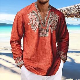 Men's Linen Shirt Popover Shirt Summer Shirt Beach Wear Vintage Shirt Ethnic Shirt Floral Vacation Casual Yellow Blue Orange Brown Long Sleeve V Neck Summer Sp