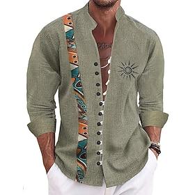 Men's Sun Ethnic Indian Culture Shirt Stand Collar Shirt Long Sleeve Vintage Retro Vacation Daily Wear Going out Spring Fall Mandarin Collar Band Collar Button