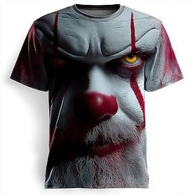 Men's Optical Illusion Creepy Clown 3D Clown T Shirt Short Sleeve T shirt 3D Print Crew Neck Shirt Exaggerated Designer Horror Party Street Holiday White Red G
