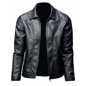 Men's Faux Leather Jacket Biker Jacket Motorcycle Jacket Vacation Daily Windproof Warm Pocket Fall Winter Plain Fashion Classic Lapel Regular Black Jacket