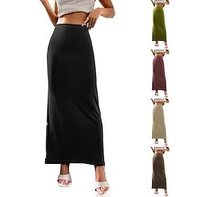 Women's Casual Maxi Mid Rise Skirts Plain Micro-elastic Vacation Going out Black Almond Pink Brown Fall Polyester