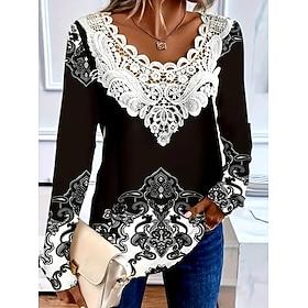 Women's Blouse Tunic Lace Splicing V Neck Long Sleeve Graphic Paisley Plants Round Neck Regular Tops Daily Going out Weekend Lace Patchwork Print Black Spring