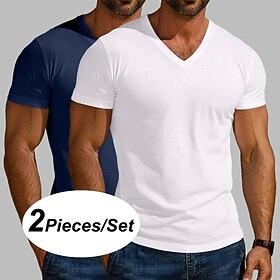2PCS Men's Cotton Blend T Shirt Tee Top Short Sleeve V Neck Summer All Seasons Solid Color Plain Designer Basic Modern Contemporary V Neck Multi-pack Vacation