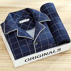 Men's Sleepwear Pajama Set Pajama Top and Pant 1 set Plaid Fashion Stylish Classic Home Daily Bed Polyester Comfort Soft Breathable Lapel Long Sleeve Shirt Pan