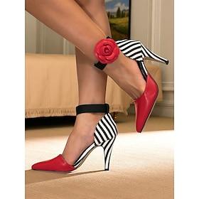 Women's 1950s-Inspired Striped Stiletto Heels with Red Rose Ankle Strap – Retro Pointed Toe Pumps for Parties, Performances Date Nights